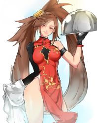 Rule 34 | 1girl, alternate costume, arm strap, bare shoulders, black gloves, breasts, brown eyes, brown hair, china dress, chinese clothes, covered navel, dress, gloves, groin, guilty gear, hair ornament, highres, kenshin187, kuradoberi jam, long hair, medium breasts, pelvic curtain, serving dome, side slit, single sleeve, solo, towel, tray