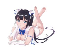 Rule 34 | 10s, 1girl, bad id, bad pixiv id, bare shoulders, barefoot, black hair, blue eyes, breasts, cleavage, dress, dungeon ni deai wo motomeru no wa machigatteiru darou ka, feet, full body, gloves, hand on own face, hestia (danmachi), legs, legs up, long hair, lying, on stomach, plantar flexion, rei no himo, ribbon, seeker (shzyu), simple background, soles, solo, the pose, toes, twintails, white background