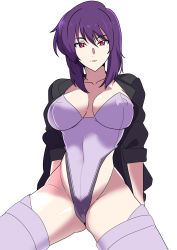 Rule 34 | 1girl, absurdres, breasts, cleavage, covered erect nipples, covered navel, delrah, ghost in the shell, ghost in the shell stand alone complex, highleg, highleg leotard, highres, huge filesize, jacket, kusanagi motoko, large breasts, leotard, looking at viewer, purple hair, red eyes, sitting, solo, strapless, strapless leotard, thighhighs, thighs, wide hips