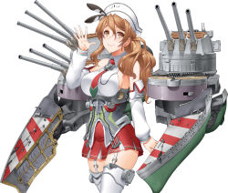 Rule 34 | 1girl, anchor, anti-aircraft, anti-aircraft gun, armor, brown eyes, brown hair, cannon, detached sleeves, garter straps, graphite (medium), headdress, henshako, highres, kantai collection, littorio (kancolle), long hair, machinery, mechanical pencil, necktie, open mouth, pencil, pleated skirt, ponytail, rigging, shirt, simple background, skirt, sleeveless, sleeveless shirt, smile, smokestack, thighhighs, traditional media, turret, wavy hair, white background, white thighhighs
