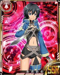 Rule 34 | 10s, 1girl, asymmetrical legwear, black gloves, black hair, black shorts, blue eyes, boots, card (medium), fingerless gloves, gloves, holding, holding sword, holding weapon, looking at viewer, midriff, navel, philia (sao), philia (sao-alo), short hair, short shorts, shorts, smile, solo, star (symbol), sword, sword art online, thigh boots, thighhighs, uneven legwear, weapon