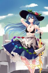 Rule 34 | 1girl, absurdres, apron, arm up, bikini, bikini top only, black bikini, black hat, blue hair, blue skirt, breasts, cleavage, cloud, collarbone, commentary request, day, feet out of frame, floating hair, food, frilled skirt, frills, fruit, hair between eyes, hand on headwear, hand on hilt, hat, highres, hinanawi tenshi, hira-san, jewelry, leaf, long hair, looking at viewer, medium breasts, mountain, necklace, peach, peach hat ornament, red eyes, skirt, sky, solo, sweat, swimsuit, sword of hisou, touhou, waist apron, white apron
