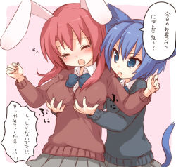 Rule 34 | 2girls, :o, animal ears, bad id, bad pixiv id, blouse, blue bow, blue bowtie, blue eyes, blue hair, blush, bow, bowtie, breasts, breasts apart, cat ears, cat tail, closed eyes, collared shirt, embarrassed, fang, from behind, grabbing, grabbing another&#039;s breast, groping, hair between eyes, head tilt, medium breasts, multiple girls, onka, open mouth, original, outside border, pink background, rabbit ears, red hair, sakura (mani), shirt, simple background, standing, tail, tears, translation request, usashiro mani, v-shaped eyebrows, white shirt, yuri