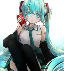 Rule 34 | 1girl, absurdres, aqua eyes, aqua hair, aqua necktie, arm support, bare shoulders, black skirt, black sleeves, black thighhighs, blurry, bokeh, can, commentary, depth of field, detached sleeves, drink, hair ornament, hand up, hatsune miku, highres, holding, holding can, knees up, long hair, miniskirt, necktie, parted lips, pleated skirt, sayonaka megumo, shirt, shoulder tattoo, sitting, skirt, sleeveless, sleeveless shirt, sleeves past fingers, sleeves past wrists, solo, sweat, tattoo, thighhighs, twintails, very long hair, vocaloid, white background, white shirt
