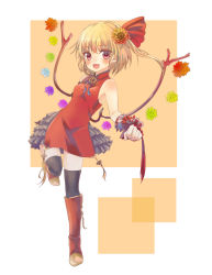 Rule 34 | 1girl, :d, alternate costume, alternate wings, bad id, bad pixiv id, bare shoulders, blonde hair, blush, demon wings, dress, flandre scarlet, flower, flower wings, frills, full body, hair between eyes, hair flower, hair ornament, hair ribbon, highres, leg up, looking at viewer, one side up, open mouth, red dress, red eyes, ribbon, shoes, short hair, simple background, sleeveless, sleeveless dress, smile, solo, standing, standing on one leg, tareme, thighhighs, touhou, varyu, wings, wrist cuffs, zettai ryouiki