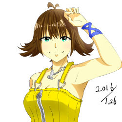Rule 34 | 1990s (style), 1girl, bad id, bad pixiv id, breasts, brown hair, final fantasy, final fantasy viii, flipped hair, green eyes, highres, jewelry, necklace, selphie tilmitt, short hair, smile, solo, upper body, white background