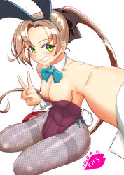 Rule 34 | 1girl, adapted costume, akigumo (kancolle), animal ears, aqua bow, aqua bowtie, artist logo, bow, bowtie, breasts, brown hair, cleavage, commentary request, dated, detached collar, fake animal ears, fishnet pantyhose, fishnets, green eyes, grey pantyhose, grin, hair ribbon, kantai collection, leotard, long hair, looking at viewer, moke ro, pantyhose, playboy bunny, ponytail, purple leotard, rabbit ears, rabbit girl, rabbit tail, ribbon, selfie, simple background, sitting, small breasts, smile, solo, strapless, strapless leotard, tail, white background, wrist cuffs, yokozuwari