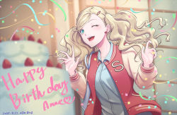 Rule 34 | 1girl, 2020, ;d, blonde hair, blue shirt, blurry, blurry foreground, cake, cardigan, character name, collarbone, collared shirt, dated, dress shirt, floating hair, food, hair ornament, hairclip, happy birthday, long hair, long sleeves, one eye closed, open cardigan, open clothes, open mouth, persona, persona 5, red cardigan, shirt, smile, solo, standing, swept bangs, takamaki anne, upper body, very long hair, white sleeves, wing collar, yoruno mahiru