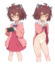 Rule 34 | 1girl, ahoge, bespectacled, brown hair, buttons, cardigan, closed mouth, clothes lift, cropped legs, dress, dress lift, feet out of frame, glasses, hair between eyes, handheld game console, headgear, highres, holding, holding handheld game console, lifting own clothes, long sleeves, looking at viewer, multiple views, nintendo switch, open cardigan, open clothes, orange eyes, panties, pink cardigan, red-framed eyewear, red dress, sailor collar, sailor dress, short hair, simple background, touhoku kiritan, underwear, voiceroid, white background, white panties, white sailor collar, yamamomo (plank)