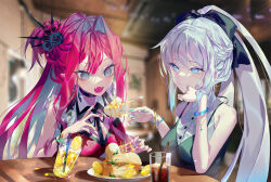 Rule 34 | 2girls, baobhan sith (fate), bare shoulders, black bow, black flower, black ribbon, blue eyes, bow, bracelet, braid, breasts, buttons, closed mouth, coca-cola, collared shirt, dress, eating, emoillu, fate/grand order, fate (series), flower, food, grey eyes, grey hair, hair between eyes, hair bow, hair flower, hair ornament, highres, jewelry, lemonade, long hair, morgan le fay (fate), multiple girls, open mouth, pink dress, pink hair, ribbon, shirt, small breasts, smoking, table, teeth, vampire, white shirt