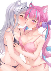 Rule 34 | 2girls, ahoge, animal ear fluff, animal ears, asymmetrical docking, black bra, black hairband, black panties, blue hair, blush, bow, bra, braid, breast press, breasts, cat ears, cleavage, collarbone, commentary, commentary request, drill hair, english commentary, grey hair, hair bow, hairband, hand on another&#039;s chest, hand on another&#039;s crotch, hololive, lace, lace-trimmed bra, lace trim, large breasts, long hair, minato aqua, mixed-language commentary, multicolored hair, multiple girls, murasaki shion, navel, nikoo, one eye closed, open mouth, panties, pink bra, pink eyes, pink hair, pink panties, purple bow, short bangs, side-tie panties, simple background, small breasts, stomach, streaked hair, thighs, twin drills, twintails, two-tone hair, underwear, virtual youtuber, white background, yellow eyes, yuri