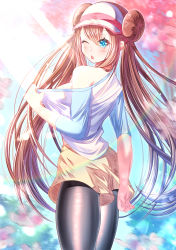 Rule 34 | 1girl, absurdres, arm behind back, black pantyhose, blue eyes, blue sky, blue sleeves, blurry, blurry background, blush, breasts, brown hair, bush, cow, creatures (company), day, double bun, female focus, floating hair, from behind, from side, game freak, hair between eyes, hair bun, hand up, hat, highres, huge filesize, jiaxi daze, light rays, long hair, long sleeves, medium breasts, nintendo, off shoulder, one eye closed, open mouth, outdoors, pantyhose, pink hat, pokemon, pokemon bw2, raglan sleeves, rosa (pokemon), shiny clothes, shiny legwear, shirt, short shorts, shorts, sideboob, sky, solo, standing, sunbeam, sunlight, tree, triangle mouth, twintails, very long hair, visor cap, white shirt, yellow shorts