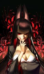 Rule 34 | 1girl, 92m, akagi (azur lane), animal ears, azur lane, black background, blunt bangs, breasts, brown hair, cleavage, closed mouth, commentary request, floral background, flower, flower request, fox ears, hair tubes, half-closed eyes, hand on own face, hand up, highres, japanese clothes, large breasts, light smile, lips, long hair, long sleeves, looking at viewer, nail polish, ominous shadow, red eyes, red flower, red nails, shaded face, shadow, slit pupils, smile, solo, spider lily, tsurime, upper body, v, very long hair, wide sleeves