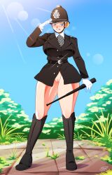 Rule 34 | 1girl, baton (weapon), belt, black belt, black footwear, black tunic, blonde hair, blue eyes, blue sky, blush, boots, breasts, united kingdom, bush, checkered necktie, chin strap, commission, commissioner upload, custodian helmet, epaulettes, facing viewer, glint, gloves, grass, hair bun, hat, helmet, highres, holding, holding weapon, large breasts, lens flare, necktie, no pants, nude, open mouth, original, police, police hat, police uniform, policewoman, portrait, pussy, riding boots, rinvakk, salute, shirt, short hair, sky, smile, sunlight, sweat, thick thighs, thighs, tunic, uniform, united kingdom, venus symbol, weapon, white gloves, white shirt