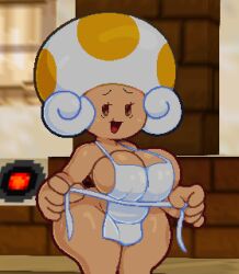 Rule 34 | 1girl, apron, breasts, cowboy shot, curly hair, hat, highres, indoors, large breasts, mario (series), naked apron, nintendo, old, old woman, open mouth, paper mario, paper mario 64, smile, solo, somescrub, tayce t., thick thighs, thighs, toad (mario), white hair, wide hips