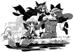 Rule 34 | 3girls, animal ears, boots, bow, brooch, cape, dress, fins, greyscale, hair bow, head fins, imaizumi kagerou, japanese clothes, jewelry, kimono, long hair, md5 mismatch, mermaid, monochrome, monster girl, multiple girls, needle, resized, sekibanki, short hair, sketch, skirt, smile, tongue, tongue out, touhou, wakasagihime, water, wheelchair, wolf ears, yt (wai-tei)