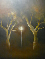 Rule 34 | dark, fog, lamppost, light, mitzoka2001, night, no humans, original, painting (medium), shadow, traditional media, tree