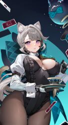 Rule 34 | 1girl, absurdres, animal ears, aqua bow, black gloves, blush, bow, breasts, cat ears, cat girl, cleavage cutout, clothing cutout, cup, facial mark, frilled leotard, frills, genshin impact, gloves, grey hair, highres, kikimi, large breasts, leotard, looking at viewer, lynette (genshin impact), open mouth, pantyhose, purple eyes, saucer, short hair, solo, spoon, star (symbol), star facial mark, teacup