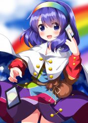 Rule 34 | 1girl, ability card (touhou), belt, blue cape, blue eyes, blue hair, brown bag, brown belt, buttons, cape, card, cloak, cloud print, commentary request, cowboy shot, dress, hairband, happy, highres, holding, holding card, long sleeves, medium hair, multicolored clothes, multicolored dress, multicolored hairband, one-hour drawing challenge, open mouth, patchwork clothes, purple hair, rainbow, rainbow gradient, ruu (tksymkw), sky print, solo, tenkyuu chimata, touhou, two-sided cape, two-sided fabric, two-tone cape, white cape, white cloak, zipper