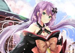 Rule 34 | 1girl, absurdres, black kimono, breasts, butterfly hair ornament, cherry blossoms, cleavage, closed mouth, day, fingerless gloves, floating hair, gloves, green eyes, hair ornament, highres, japanese clothes, kimono, long hair, medium breasts, nijisanji, nota ika, off shoulder, outdoors, purple hair, sakura ritsuki, sakura ritsuki (1st costume), smile, solo, twintails, twitter username, upper body, very long hair, virtual youtuber, white gloves