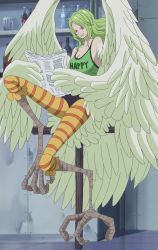 Rule 34 | 1girl, bar (place), bottle, donquixote pirates, green hair, harpy, highres, monet (one piece), monster girl, newspaper, one piece, punk hazard, reading, screencap, sitting, stitched, third-party edit, wings