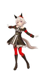 Rule 34 | 1girl, animal ears, bad link, blush, boots, brown footwear, collarbone, collared dress, curren chan (umamusume), dress, full body, game model, grey hair, highres, horse ears, horse girl, horse tail, knee boots, long sleeves, open mouth, outstretched arms, purple eyes, red thighhighs, shirt, short hair, smile, solo, spread arms, standing, striped clothes, striped dress, tachi-e, tail, thighhighs, transparent background, umamusume, vertical-striped clothes, vertical-striped dress, white shirt