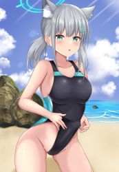 Rule 34 | 1girl, absurdres, adjusting clothes, adjusting swimsuit, animal ear fluff, animal ears, beach, blue archive, blue eyes, blue sky, cloud, competition swimsuit, cowboy shot, cross hair ornament, day, extra ears, grey hair, hair ornament, halo, highres, horizon, looking at viewer, magaasha, medium hair, mismatched pupils, ocean, one-piece swimsuit, outdoors, rock, shiroko (blue archive), shiroko (swimsuit) (blue archive), sky, solo, standing, swimsuit, water