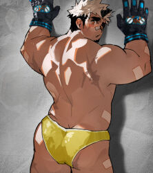 Rule 34 | 1boy, :o, against wall, akiha gongen (housamo), arms up, ass, ass focus, back, bandaid, bandaid on face, bandaid on nose, bara, black gloves, blush, facial hair, feet out of frame, from behind, gloves, goatee, highres, horns, long sideburns, looking at viewer, looking back, male focus, male swimwear, multicolored hair, muscular, muscular male, official alternate costume, shy, sideburns, single horn, solo, swim briefs, thick eyebrows, tokyo houkago summoners, topless male, two-tone hair, undercut, white hair, yellow male swimwear, younine01