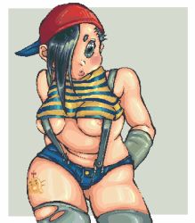 Rule 34 | 1girl, artist request, black eyes, black hair, blush, breasts, gender request, genderswap, hat, lips, lowres, medium breasts, mother (game), mother 2, ness (mother 2), nintendo, plump, solo, suspenders, tagme, tattoo, thick thighs, thighs