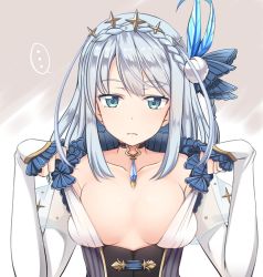 Rule 34 | ..., 1girl, blue eyes, blush, breasts, character request, cleavage, closed mouth, hoshino ouka, long hair, looking at viewer, mahou shoujo madoka magica, medium breasts, silver hair, solo, speech bubble, spoken ellipsis, upper body