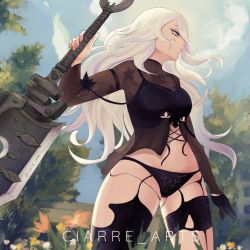 Rule 34 | android, black panties, breasts, ciarre, cowboy shot, day, from below, grey eyes, highres, holding, holding weapon, huge weapon, long hair, long sleeves, looking afar, medium breasts, nier (series), nier:automata, nier reincarnation, outdoors, panties, see-through, sky, solo, sword, underwear, weapon, white hair, a2 (nier:automata)