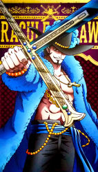 Rule 34 | 1boy, abs, absurdres, belt, character name, dracule mihawk, facial hair, fur trim, hat, hat feather, highres, holding, holding sword, holding weapon, jewelry, muscular, mustache, official art, one piece, serious, shirt, simple background, solo, standing, sword, weapon, yoru (one piece)