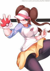 Rule 34 | 10s, 1girl, blue eyes, bouncing breasts, breasts, brown hair, creatures (company), crotch seam, double bun, game freak, hair bun, hat over one eye, holding, holding poke ball, impossible clothes, impossible shirt, large breasts, long hair, nintendo, one eye covered, panties, panties under pantyhose, pantyhose, pantyshot, poke ball, poke ball (basic), pokemon, pokemon bw2, raglan sleeves, ririko (zhuoyandesailaer), rosa (pokemon), shaded face, shirt, shorts, solo, thighband pantyhose, twintails, underwear, visor cap, watch, white panties, wristwatch