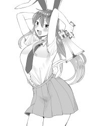 Rule 34 | 1girl, :d, animal ears, arms up, blush, buttons, carrot pin, collared shirt, commentary request, fang, fingernails, greyscale, gun, highres, holding, holding gun, holding weapon, koyama shigeru, long hair, looking at viewer, lunatic gun, monochrome, open mouth, pleated skirt, rabbit ears, rabbit tail, reisen udongein inaba, shirt, short sleeves, skirt, smile, solo, tail, tie clip, touhou, weapon, white background, wing collar