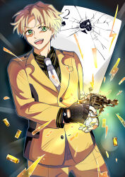 Rule 34 | 1boy, black gloves, bullet, card, earrings, fingerless gloves, finn oldman, formal, gloves, green eyes, gun, high card, highres, holding, holding gun, holding weapon, jewelry, long sleeves, male focus, necktie, okahinagi, open mouth, pants, playing card, short hair, solo, standing, suit, weapon, white necktie, yellow pants, yellow suit