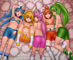 Rule 34 | 10s, 5girls, aoki reika, arm up, armpits, arms behind head, arms up, ass, back, bare shoulders, bed, bed sheet, bike shorts, blonde hair, blue bra, blue eyes, blue hair, blue panties, blue shorts, blunt bangs, blush, boots, bra, breasts, cameltoe, choker, circlet, collarbone, cure beauty, cure happy, cure march, cure peace, cure sunny, earrings, elenab, everyone, female focus, fingernails, green bra, green eyes, green hair, green shorts, hair between eyes, hair bun, hair flaps, hair ornament, hair tubes, hand on thigh, head wings, high heels, highres, hino akane (smile precure!), hoshizora miyuki, indoors, jewelry, kise yayoi, knee boots, kneehighs, kneepits, legs, legs up, lips, long hair, looking at viewer, looking back, lying, magical girl, matching hair/eyes, midorikawa nao, midriff, multiple girls, navel, nipples, no shirt, on back, on side, on stomach, open mouth, orange bra, orange eyes, orange hair, orange shorts, panties, parted lips, pillow, pink bra, pink eyes, pink hair, pink shorts, ponytail, precure, red eyes, see-through, shiny skin, shoes, short hair, shorts, sidelocks, skin tight, small breasts, smile precure!, socks, spread legs, thigh boots, thighhighs, thong, tiara, tri tails, twintails, underwear, wings, wrist cuffs, yellow bra, yellow eyes, yellow shorts
