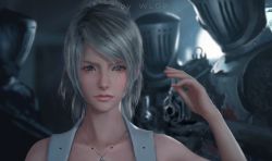 Rule 34 | 1girl, arm up, artist name, backlighting, bare shoulders, blue eyes, blurry, closed mouth, collarbone, depth of field, dress, expressionless, final fantasy, final fantasy xv, green hair, highres, jewelry, knight, looking at viewer, lunafreya nox fleuret, necklace, pendant, pink lips, ponytail, short hair, sleeveless, sleeveless dress, solo focus, upper body, white dress, wlop