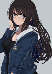 Rule 34 | 1girl, black-framed eyewear, black eyes, black shirt, blue jacket, breasts, brown hair, closed mouth, collarbone, cowboy shot, drawstring, from side, glasses, grey background, grey eyes, hand on own cheek, hand on own face, hand up, hinomaru (futagun), hood, hood down, hooded jacket, jacket, long hair, long sleeves, looking at viewer, medium breasts, open clothes, open jacket, original, shirt, simple background, smile, solo, upper body