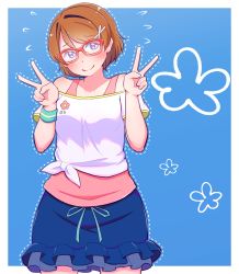 Rule 34 | 1girl, aqua ribbon, aqua wristband, artist name, artist request, bare shoulders, blue background, blue skirt, blush, breasts, brown hair, collarbone, detective in training (love live!), double v, female focus, flower print, glasses, hair between eyes, hair ornament, koizumi hanayo, looking at viewer, love live!, love live! school idol festival, love live! school idol festival all stars, love live! school idol project, miniskirt, parted lips, pink shirt, plaid, plaid skirt, pleated, pleated skirt, purple eyes, ribbon, shirt, short hair, skirt, sleeveless, sleeveless shirt, small breasts, smile, solo, sweatdrop, tied shirt, v, white shirt, wristband, x hair ornament