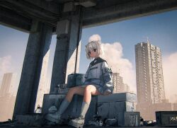 Rule 34 | 1girl, absurdres, animal ear fluff, animal ears, bottle, box, building, city, cityscape, closed mouth, cloud, crate, cup, day, disposable cup, highres, jacket, kneehighs, long sleeves, looking at viewer, m. (emudotto), original, outdoors, shoes, short hair, sitting, skirt, sky, skyscraper, sneakers, socks, solo, water bottle, white footwear, white hair, white skirt, white socks