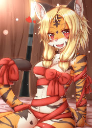 Rule 34 | 1girl, animal ears, animal nose, bow, breasts, cleavage, furry, furry female, heart, highres, horokusa (korai), looking at viewer, medium breasts, orange fur, original, red bow, red ribbon, ribbon, sitting, solo, tail, tiger ears, tiger girl, tiger tail, white fur