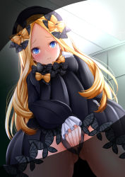 Rule 34 | 1girl, abigail williams (fate), absurdres, black bow, black dress, black hat, black panties, blonde hair, blue eyes, blush, bow, breasts, dress, fate/grand order, fate (series), forehead, gluteal fold, hair bow, hat, highres, koza900, long hair, long sleeves, looking at viewer, multiple bows, orange bow, panties, parted bangs, polka dot, polka dot bow, ribbed dress, sleeves past fingers, sleeves past wrists, small breasts, solo, thighs, underwear