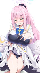 Rule 34 | 1girl, absurdres, angel wings, black one-piece swimsuit, blue archive, blush, breasts, closed mouth, crescent, crescent pin, dress, feathered wings, feet out of frame, halo, highres, kanmuri (kannmuri0227), large breasts, long hair, mika (blue archive), one-piece swimsuit, pink hair, pink halo, ponytail, short sleeves, simple background, smile, solo, swimsuit, tongue, tongue out, white background, white dress, white wings, wings, yellow eyes