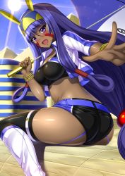 Rule 34 | 1girl, alternate costume, animal ears, ass, belt, black thighhighs, blunt bangs, blush, bracelet, breasts, crop top, dark-skinned female, dark skin, day, egyptian, facepaint, facial mark, fate/grand order, fate (series), garter straps, hairband, highres, holding, holding umbrella, jackal ears, jewelry, long hair, looking at viewer, low-tied long hair, medium breasts, nitocris (fate), open mouth, outdoors, purple eyes, purple hair, pyramid (structure), scrunchie, shibata rai, shiny skin, shorts, sitting, solo, sunlight, thighhighs, umbrella, very long hair