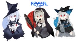Rule 34 | ..., 3girls, :d, arknights, ascot, black cape, black coat, black dress, black gloves, black headwear, cape, circular saw, coat, cropped torso, dress, gladiia (arknights), gloves, habit, highres, holding, holding weapon, jewelry, multiple girls, nun, odmised, open mouth, pointy ears, red eyes, saw, sharp teeth, simple background, skadi (arknights), smile, specter (arknights), spoken ellipsis, teeth, upper body, upper teeth only, v, weapon, white ascot, white background
