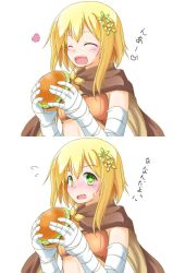 Rule 34 | 1girl, 2koma, bandaged arm, bandages, blonde hair, blush, brown scarf, burger, clover hair ornament, comic, dual persona, eating, embarrassed, closed eyes, flower knight girl, food, green eyes, hair ornament, heart, highres, katabami (flower knight girl), kopa hiroshi, scarf, short hair, smile, solo, white background