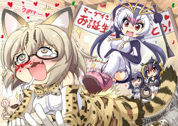 Rule 34 | +++, 10s, 4girls, :3, :d, ^^^, animal ears, black hair, blood, brown eyes, brown hair, cat ears, cat tail, commentary request, elbow gloves, gentoo penguin (kemono friends), geoduck, glasses, gloves, headphones, highres, holding, jacket, kemono friends, long hair, low twintails, margay (kemono friends), margay print, multicolored hair, multiple girls, nosebleed, open mouth, pleated skirt, red eyes, rockhopper penguin (kemono friends), royal penguin (kemono friends), sekiguchi miiru, short hair, skirt, smile, sparkle, tail, translation request, trembling, twintails, whip