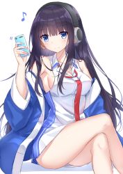 Rule 34 | 1girl, ass, azur lane, bare shoulders, blue eyes, blue jacket, breasts, brown hair, cellphone, cleavage, closed mouth, collarbone, collared dress, commentary request, crossed legs, dress, eighth note, hair between eyes, headphones, highres, holding, holding phone, jacket, long hair, long island (azur lane), looking at viewer, medium breasts, musical note, open clothes, open jacket, phone, red neckwear, sleeveless, sleeveless dress, smile, solo, t@ke-g, very long hair, white background, white dress