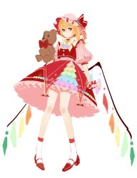 Rule 34 | 1girl, :|, asymmetrical hair, blonde hair, blouse, blue bow, blush, bow, bowtie, closed mouth, commentary, crystal, expressionless, eyebrows hidden by hair, flandre scarlet, full body, green bow, hair between eyes, hat, hat ribbon, highres, holding, holding stuffed toy, houraisan chouko, looking at viewer, medium hair, mob cap, multicolored ascot, pink hat, pink shirt, puffy short sleeves, puffy sleeves, purple bow, red eyes, red footwear, red ribbon, red skirt, red vest, ribbon, shirt, short sleeves, simple background, skirt, skirt set, socks, solo, stuffed animal, stuffed toy, teddy bear, touhou, vest, white background, white socks, wings, wrist cuffs, yellow bow, yellow bowtie