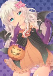 Rule 34 | 1girl, :q, bare shoulders, black wings, blue background, blush, bow, closed mouth, collarbone, demon girl, demon tail, demon wings, dress, dutch angle, elbow gloves, gloves, gluteal fold, gradient background, grecale (kancolle), green eyes, grey hair, halloween, hands up, heart, highres, jack-o&#039;-lantern, kantai collection, long hair, looking at viewer, orange bow, orange dress, panties, purple background, purple gloves, signature, smile, solo, strapless, strapless dress, striped clothes, striped panties, tail, tail grab, tongue, tongue out, tsukimochikuriko (tsukimochi k), underwear, wings